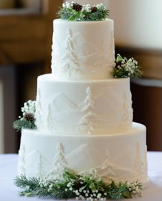 a three tiered white wedding cake with greenery and pine cones on the top