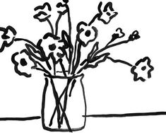 black and white drawing of flowers in a vase