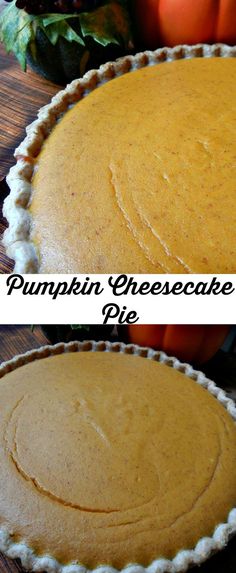 pumpkin cheesecake pie is shown in two different images