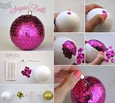 a collage of photos showing how to decorate christmas balls with glitter and beads on them