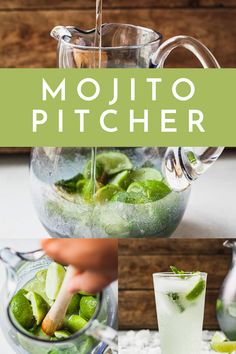 a pitcher filled with green liquid next to a glass full of ice and limes