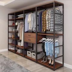 an open closet with clothes and shoes on shelves next to a carpeted floor in front of a white wall