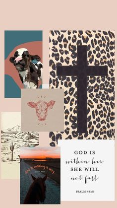 a cross, leopard print, and bible verses are featured in this collage