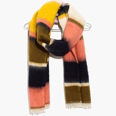 New With Tag Madewell Multi Stripe Scarf, Perfect For This Coming Cooler Seasons! Add A Bold Of Pop Color To Any Basic Outfit. Fringe Trim. Knit Construction. Approx 45" Lenght X 16.5" Width. Imported. 54% Acrylic, 27% Nylon, 19% Cotton. Burgundy Weave, Fuzzy Scarf, Plaid Capes, Cape Scarf, Madewell Accessories, Patchwork Scarf, Black And White Scarf, Yellow Scarf, Embroidered Scarf