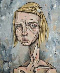 a painting of a woman's face with blonde hair and piercings on her ears