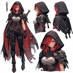 a woman with red hair and black clothes is wearing a hoodie, cape, and cloak