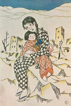 an illustration of a woman holding a child in her arms on top of a hill