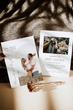 an image of a couple on their wedding day with christmas cards in front of them