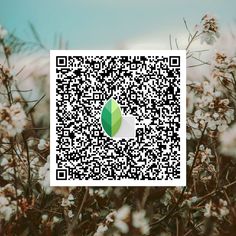 a qr - code with a green leaf on it in front of some white flowers