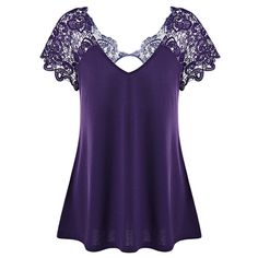 V Neck Plus Size Lace Trim Cutwork T-Shirt - Deep Purple - 3Q21589522 - Women's Clothing, Women's Tops & T-Shirts, Women's T-Shirts  #WomensTShirts #Women's #Clothing # #Women's #Tops #& #TShirts # #Women's #TShirts Cutwork Lace, Blusas T Shirts, Crochet Lace Top, Lace Tshirt, Lace Trim Top, Casual Shirt Women, Elegant Ladies, Tops Blouse, Trim Top