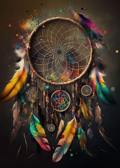 a colorful dream catcher with feathers on a black background