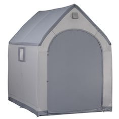 a gray and white tent with the door open