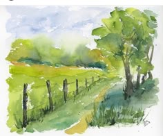 a watercolor painting of a grassy field with trees