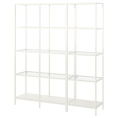 a white shelving unit with four shelves on each side and one shelf in the middle