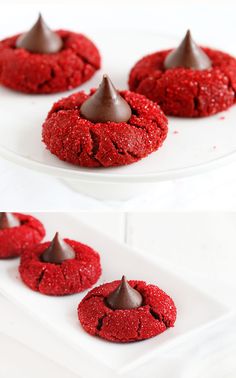 red velvet cookies with chocolate frosting and sprinkles on white platter