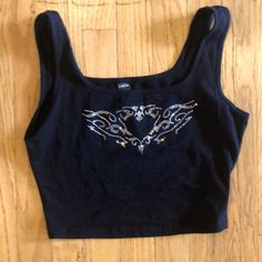 Never Worn Good Condiot Small Tank Dark Blue Clothing Aesthetic, Bedazzled Tank Top Y2k, Cute Graphic Crop Tops, Bedazzled Shirts Diy Rhinestones, Rhinestone Shirt Outfits, Thrift Hacks, Bedazzled Clothes, Acl Fits, Y2k Rhinestone Top