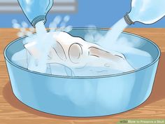 someone is pouring water into a blue bowl