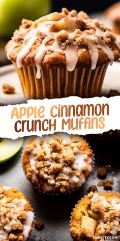 apple cinnamon crunch muffins with apples in the background and text overlay that reads, apple cinnamon crunch muffins