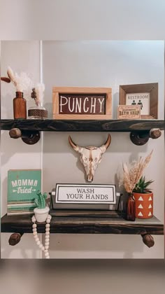 two shelves with various items on top of each other and one shelf has a sign that says punchy, wash your hands