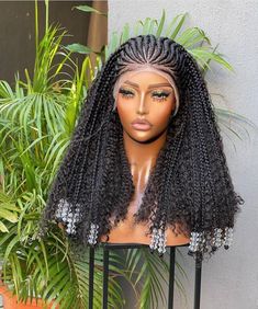 Our frontlace and closure unit is made with spandex dome wig cap and extra elastic band for secure fit. Full lace has adjustable straps and elastic band. * Beautiful  cornrow on a front lace wig Color - 1 Lace type- 13*6 Back- fretress deep twists  Each wig unit is carefully hand-made by professional braiders. The braids can last for years. For a natural look, the wigs can be made with a lace closure, lace frontal or full lace. Wig care instructions and styling options are provided with each purchase.  Braided wigs is the current style in vogue now look savvy, hot and fab be beautiful in a split seconds neatly made in wig cap the braids are tiny, full and light in weight wear and you are ready to go perfect for times you want to protect your hair from excessive weaving.it's a must have no Braid Wig Styles, Latest African Hair Braiding Styles 2023, Braided Wigs Styles, Braided Wig Hairstyles, Braided Wig Styles, Beautiful Natural Curly Hair, Loc Wig, Full Lace Braided Wig, Twist Wigs