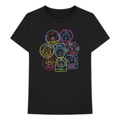 Officially Licensed BTS BT21 Merchandise Featuring BTS 'Neon' design motif. at front Crew Neck Short Sleeves Classic Unisex Fit Tee 100% Soft-Style Cotton Black The Artist Movie, Neon Design, Bts Bt21, High Quality T Shirts, Workout Tee, Fitness Fashion, Unisex T Shirt, Quality Fabric, Short Sleeve Tee