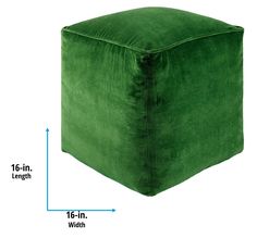 a large green square foot stool with measurements