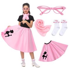 PRICES MAY VARY. 🧣 Kids Sock Hop Outfit Included---A girls poodle skirt, a pair of glasses frames, a soft silky scarf, and a pair of lace white socks. This girls 1950s costume dress does not include a top, but this poodle skirt is very versatile, it could be matched with t-shirts, jackets, sweaters, shirts etc, just as your girls like. 🧣 Fabric & Details Of The Sock Hop Costume---The poodle skirt is made of 100% polyester fibre, high-quality materials and looks shiny. The 1950s dress is featur Kids Sock Hop Outfit, 50s Dress Up, Skirt With Scarf, Sock Hop Outfits, Girls Poodle Skirt, Sock Hop Costumes, 1950s Poodle Skirt, Grease Theme, Poodle Skirt Costume