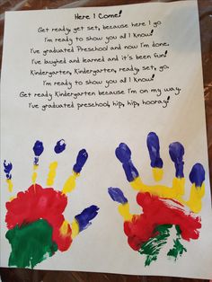 a child's handprint is displayed on a piece of paper with the words here i come