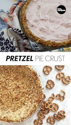 two pictures with pretzel pie crust and pretzels on the bottom one