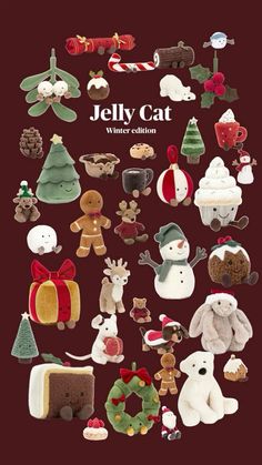 the cover of jelly cat winter collection, featuring various stuffed animals and other holiday decorations