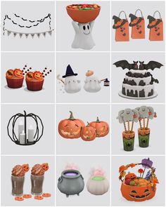 many different halloween decorations are shown in this image, including cupcakes and pumpkins