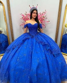 King Blue Sparkly Quinceanera Dresses Off Shoulder Fairy Skirt Applique Sequins robe de princesse Sparkly Quinceanera Dresses, Blue Quince Dress, Corset Ball Gowns, Dresses Off Shoulder, Blue Quince