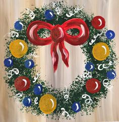 a painting of a wreath with red, white, and blue decorations on it's side