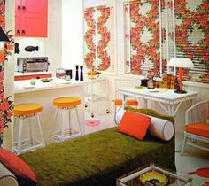 an orange and white room with green furniture in the corner, pink curtains on the wall