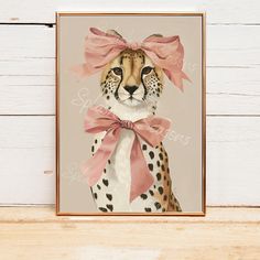 a painting of a cheetah wearing a pink bow