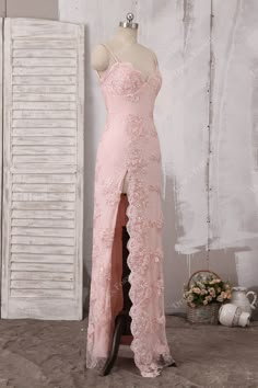 This sophisticated pink beaded lace sheath evening prom bridal dress features spaghetti straps bodice with a scalloped V neckline, floor length skirt with sexy thigh-high slit. shown color: pink with build-in-bra no boning side zipper closure fully lined Lunss Dresses, Light Pink Prom Dress, Baby Pink Dresses, Prom Dresses Long Pink, Junior Prom, Pink Long Dress, Classy Prom Dresses, Pink Formal Dresses