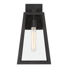 an outdoor wall light with a clear glass shade on the top and black metal frame