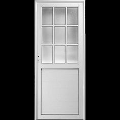 a white door with glass panels on the front and side panel, against a black background