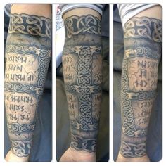 some tattoos that are on the legs of someone's arm and leg, both with writing