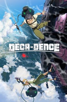 the movie poster for deca deuce with two people flying in the sky above clouds