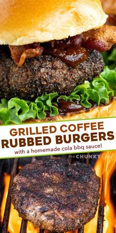 grilled coffee rubbed burgers with a homemade cola bbq sauce on the grill