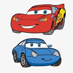 two cartoon cars, one blue and one red