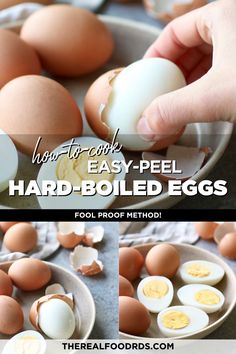 how to cook hard - boiled eggs in a bowl with text overlay that reads how to cook easy - peel hard - boiled eggs fool method