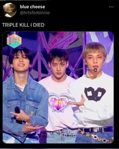 three young men standing next to each other in front of a purple screen with the caption triple kill i died