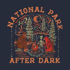 the national park after dark t - shirt is shown in red and orange on a black background