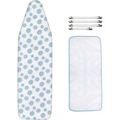 an ironing board cover with six pieces of cloth next to it on a white background