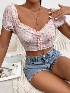 Baby Pink Boho Collar Short Sleeve Polyester Ditsy Floral Top Embellished Non-Stretch Summer Women Tops, Blouses & Tee Sweetheart Neck Blouse, Ditsy Floral Top, Outfit Short, Blouse Designs Latest, Pink Boho, Ditsy Floral, Floral Top