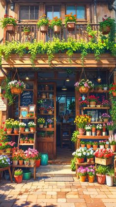 an outdoor flower shop with potted plants and hanging baskets