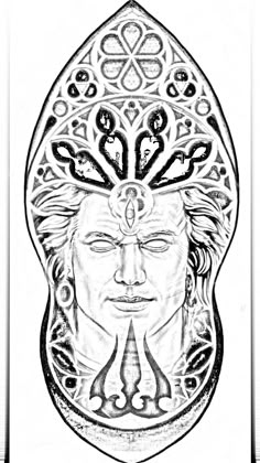 a black and white drawing of a person's head with an intricate design on it