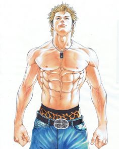 a drawing of a shirtless man with his hands in his pockets and no shirt on